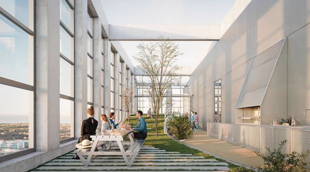 Terraza con espacios parquizados, parrillas exteriores y mirador para descubrir vistas 360º desde el piso 38.