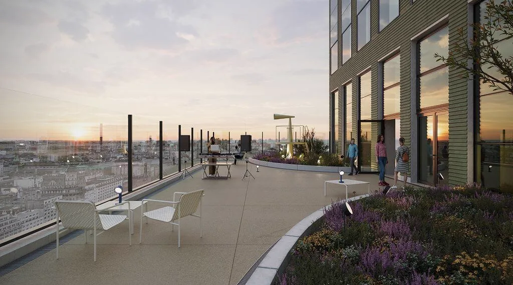 Terraza mirador con vistas panorámicas a la ciudad, el lugar ideal para disfrutar el atardecer.